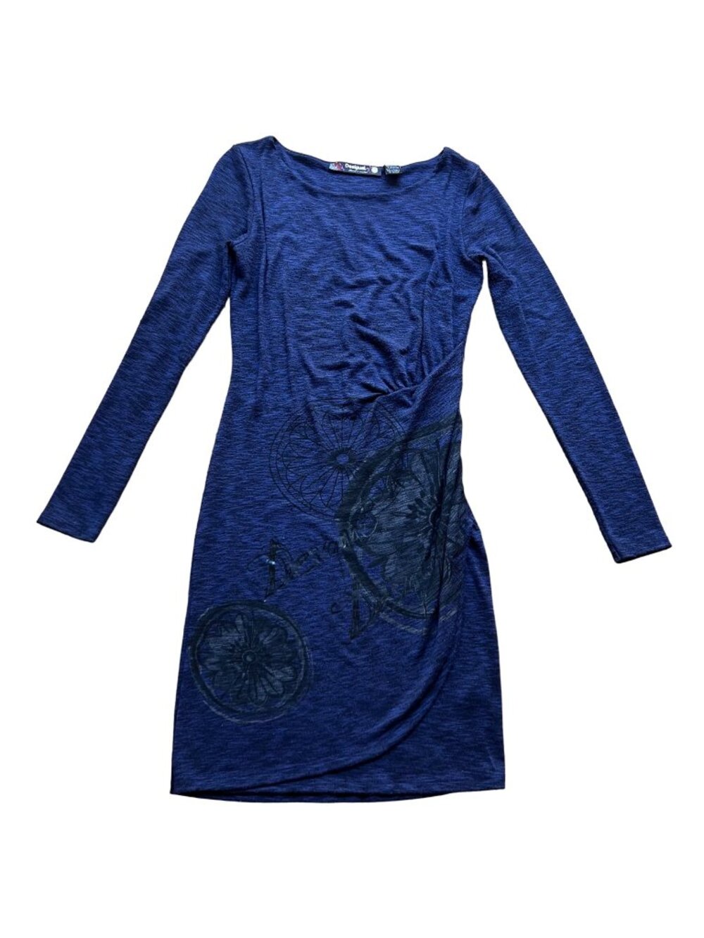 Desigual Size XS Blue Rita Floral Print Long Sleeve Ruched Tulip Hem Mini Dress